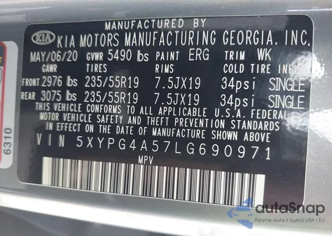 2020 Kia Sorento 3.3L S z USA, uszkodzony, nr VIN 5XYPG4A57LG690971